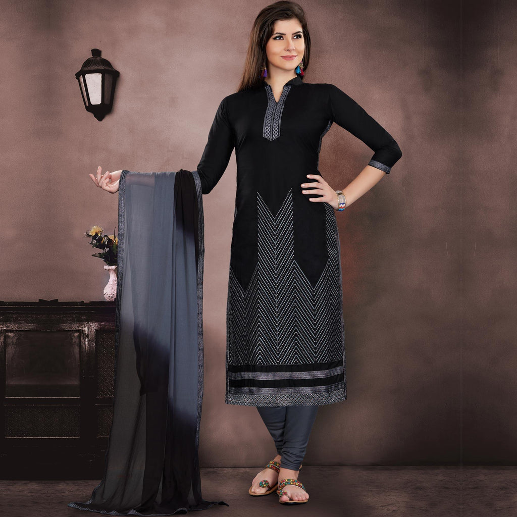 Classy Black Colored Embroidered Partywear Chanderi Dress Material