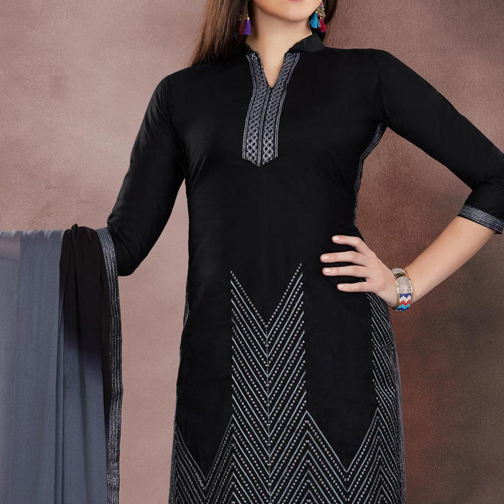 Classy Black Colored Embroidered Partywear Chanderi Dress Material