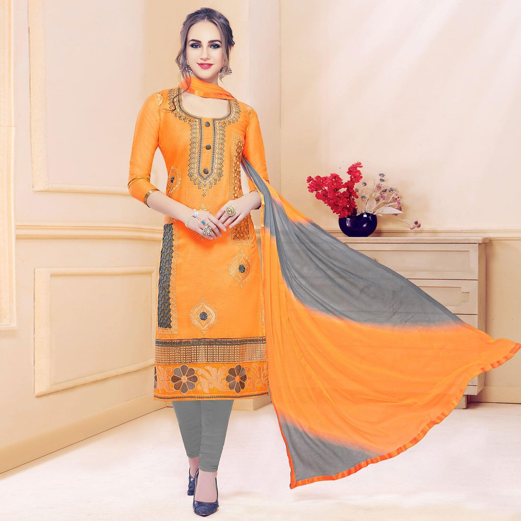Classy Orange Colored Partywear Embroidered Cotton Dress Material
