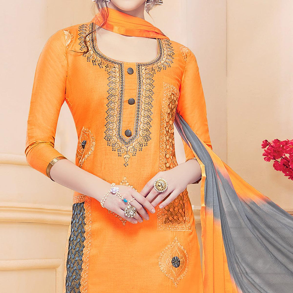 Classy Orange Colored Partywear Embroidered Cotton Dress Material