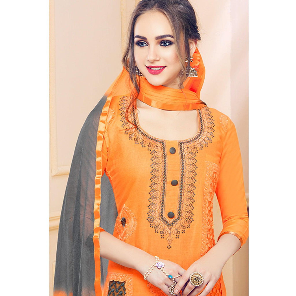 Classy Orange Colored Partywear Embroidered Cotton Dress Material