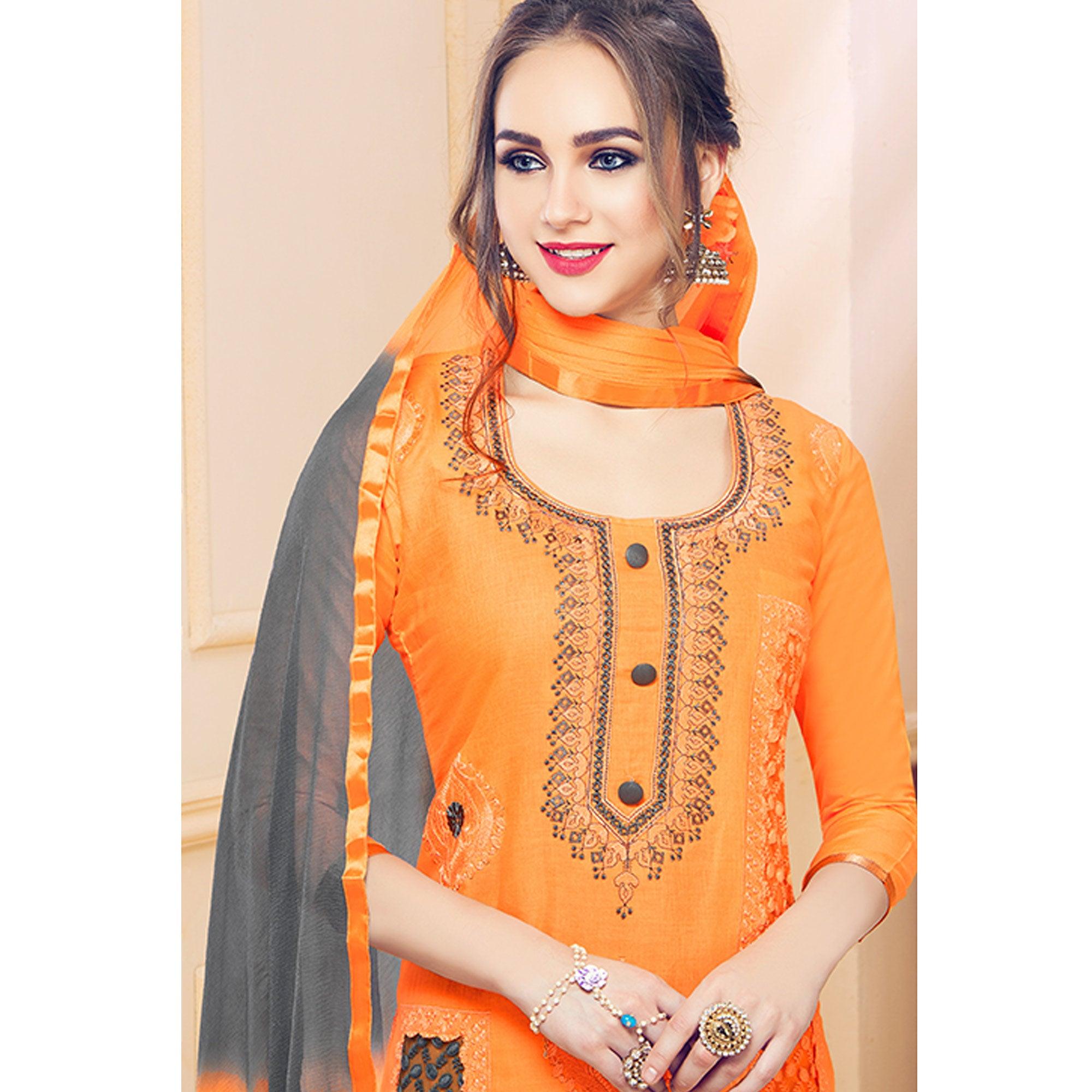 Classy Orange Colored Partywear Embroidered Cotton Dress Material