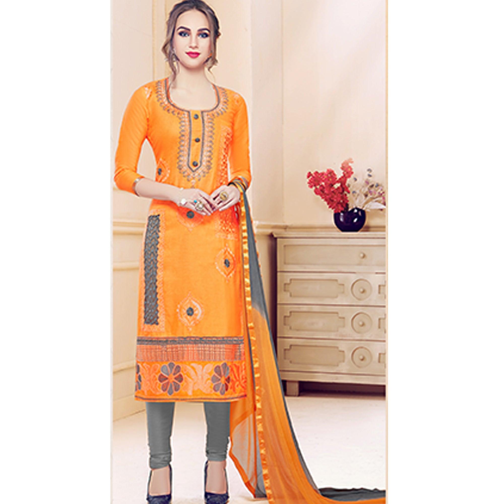 Classy Orange Colored Partywear Embroidered Cotton Dress Material