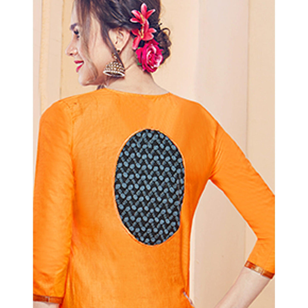 Classy Orange Colored Partywear Embroidered Cotton Dress Material