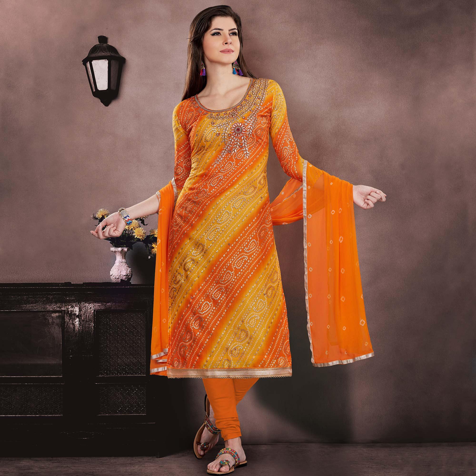 Classy Orange - Yellow Colored Casual Wear Embroidered Modal Chanderi Dress Material