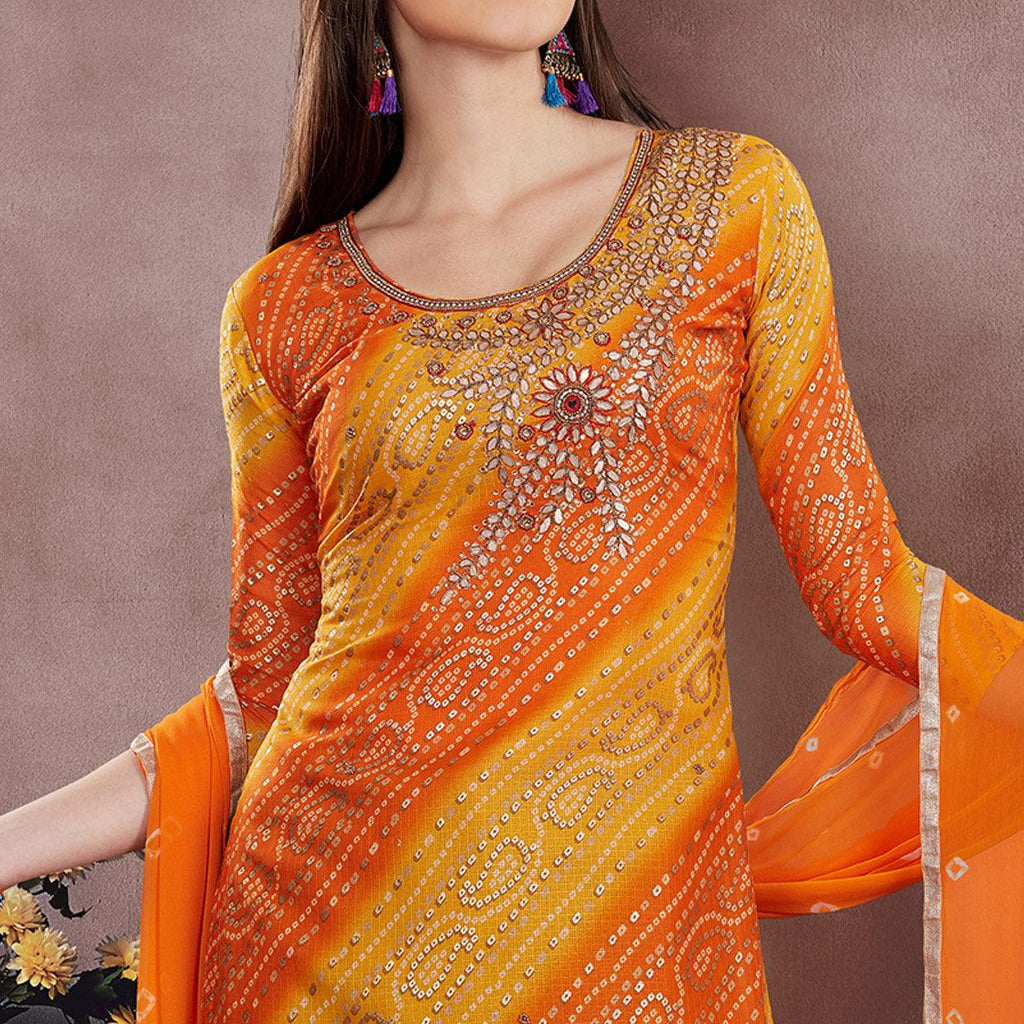 Classy Orange - Yellow Colored Casual Wear Embroidered Modal Chanderi Dress Material