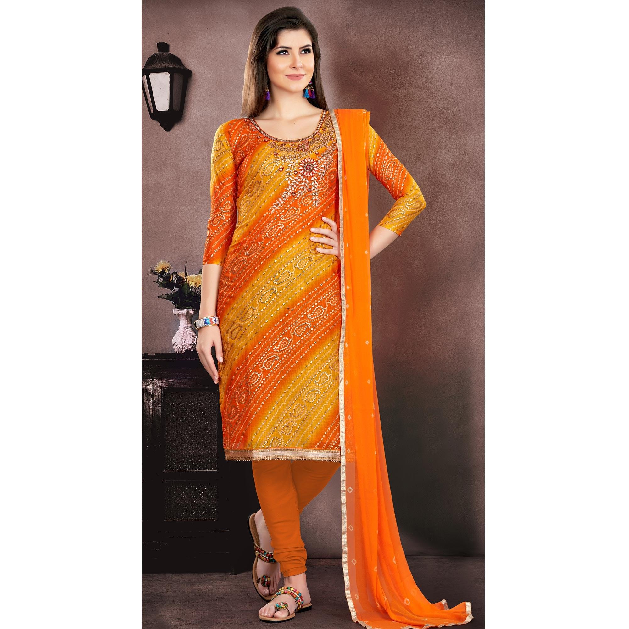 Classy Orange - Yellow Colored Casual Wear Embroidered Modal Chanderi Dress Material