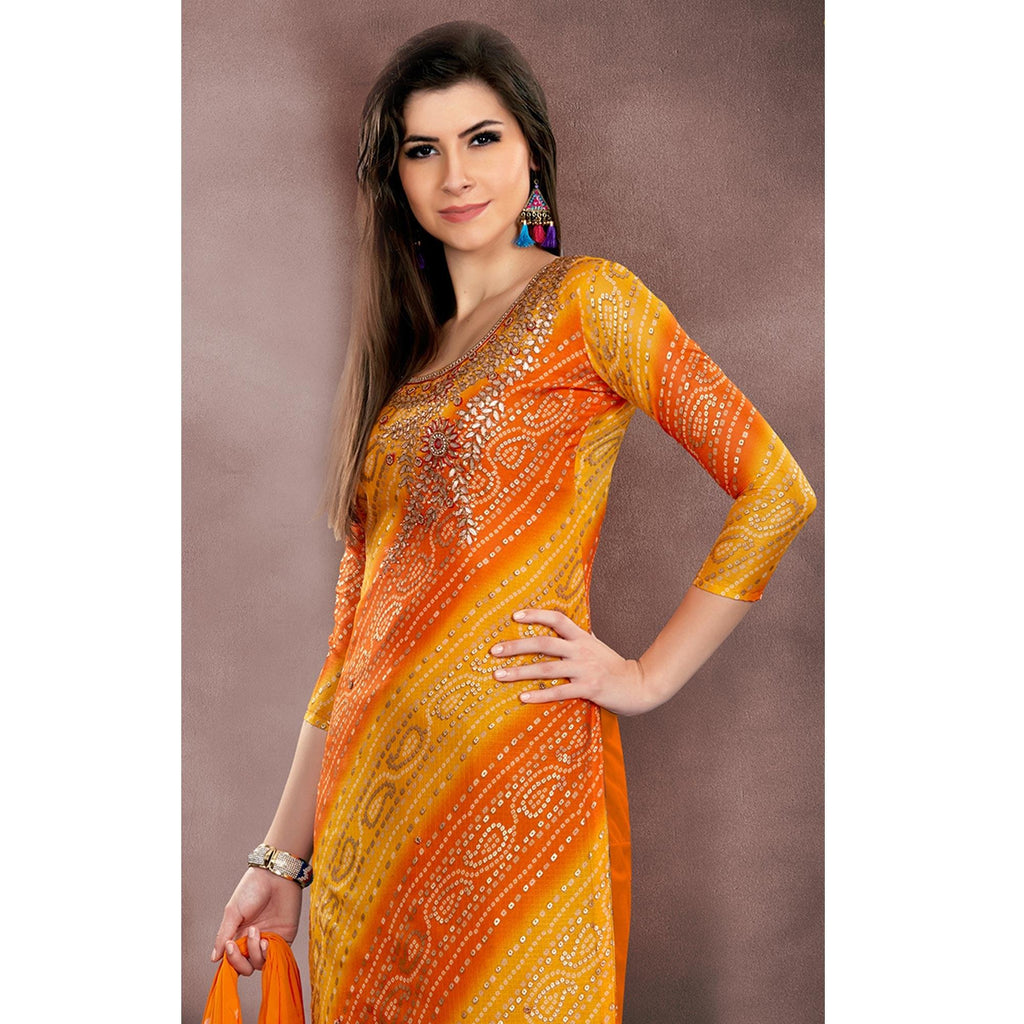 Classy Orange - Yellow Colored Casual Wear Embroidered Modal Chanderi Dress Material