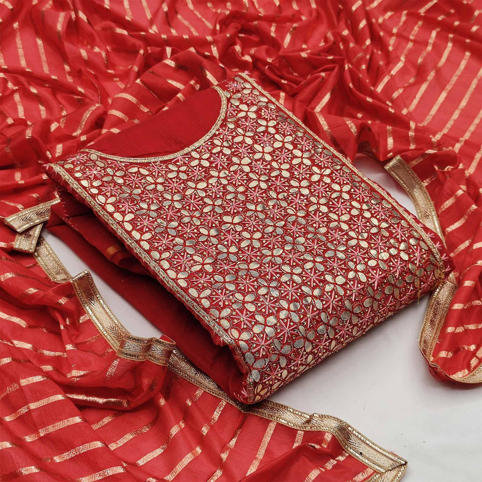 Classy Red Colored Festive Wear Embroidered Heavy Modal Silk Dress Material