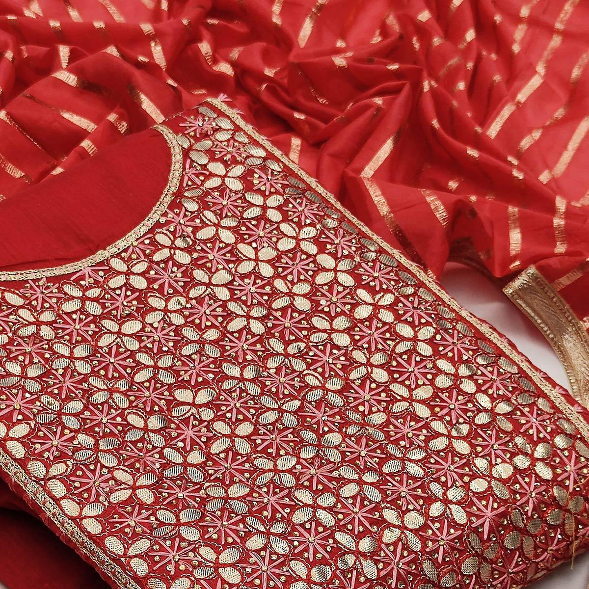 Classy Red Colored Festive Wear Embroidered Heavy Modal Silk Dress Material