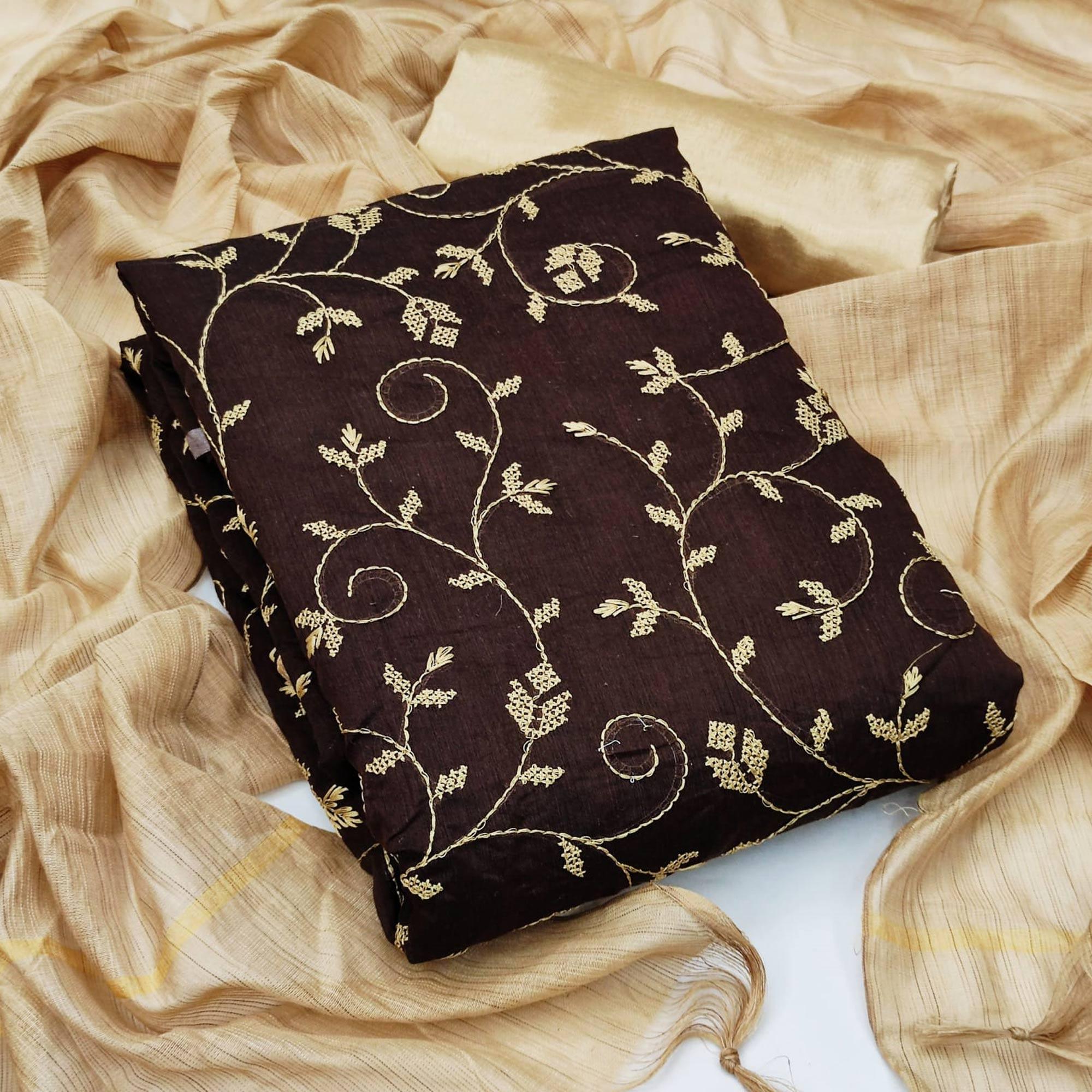 Coffee Brown Casual Wear Embroidered Chanderi Dress Material