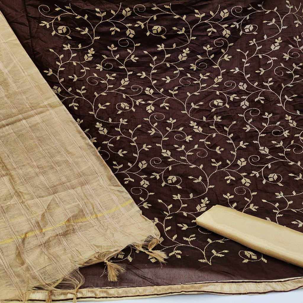 Coffee Brown Casual Wear Embroidered Chanderi Dress Material