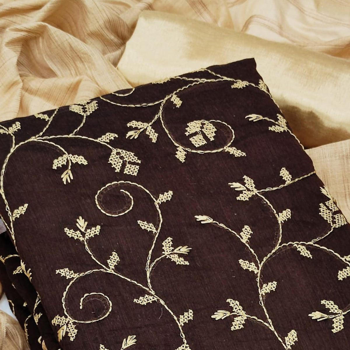 Coffee Brown Casual Wear Embroidered Chanderi Dress Material
