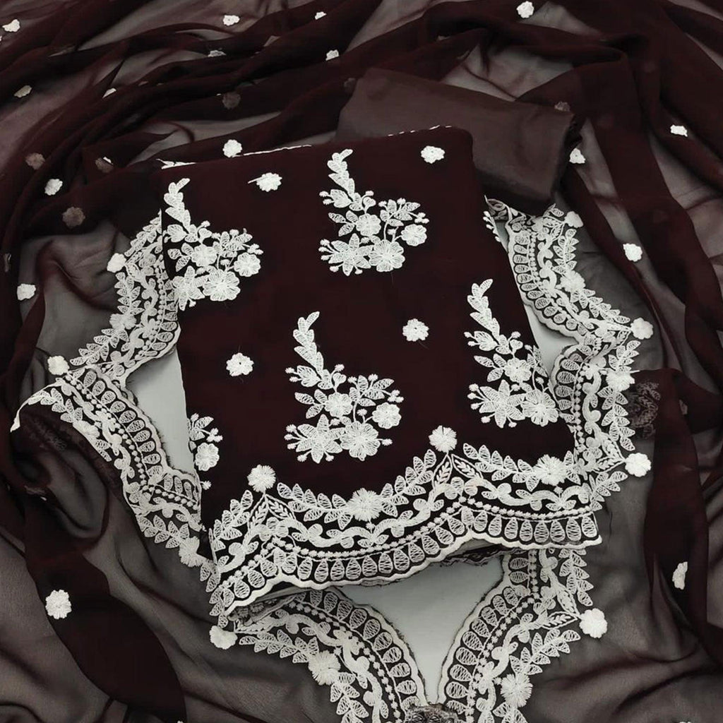 Coffee Brown Embroidered Georgette Dress Material