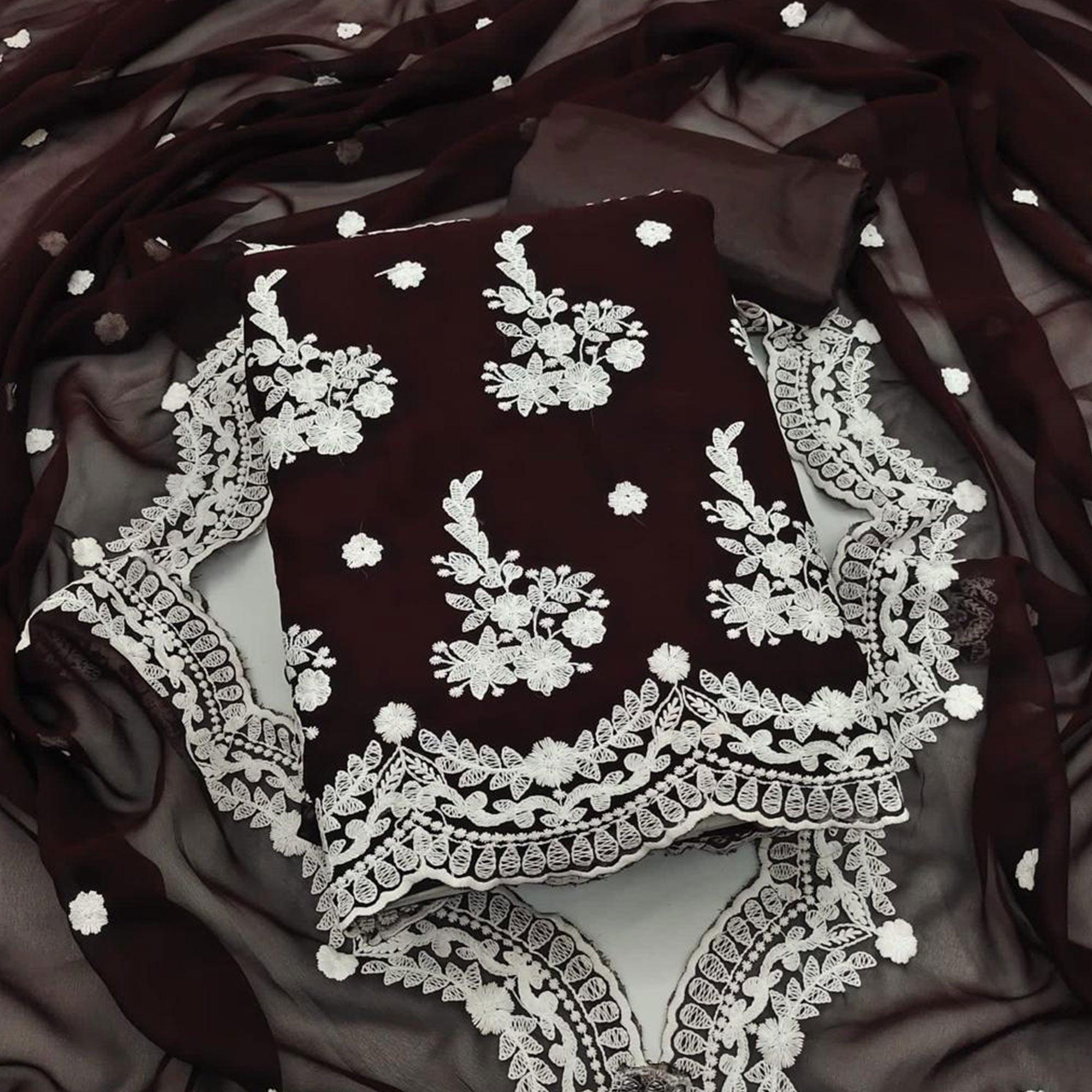 Coffee Brown Embroidered Georgette Dress Material