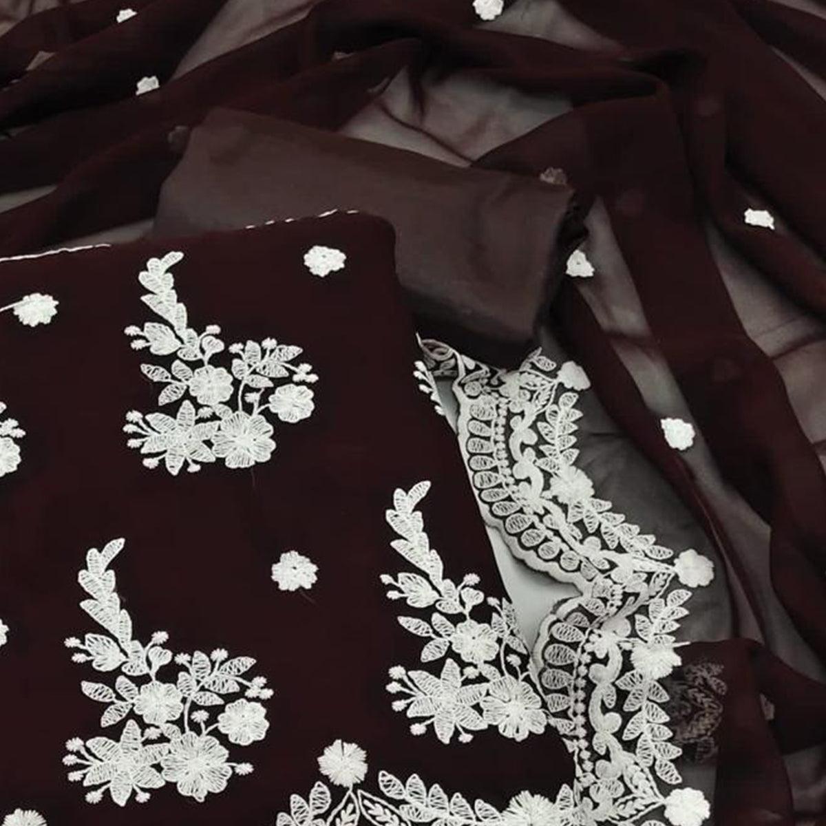 Coffee Brown Embroidered Georgette Dress Material