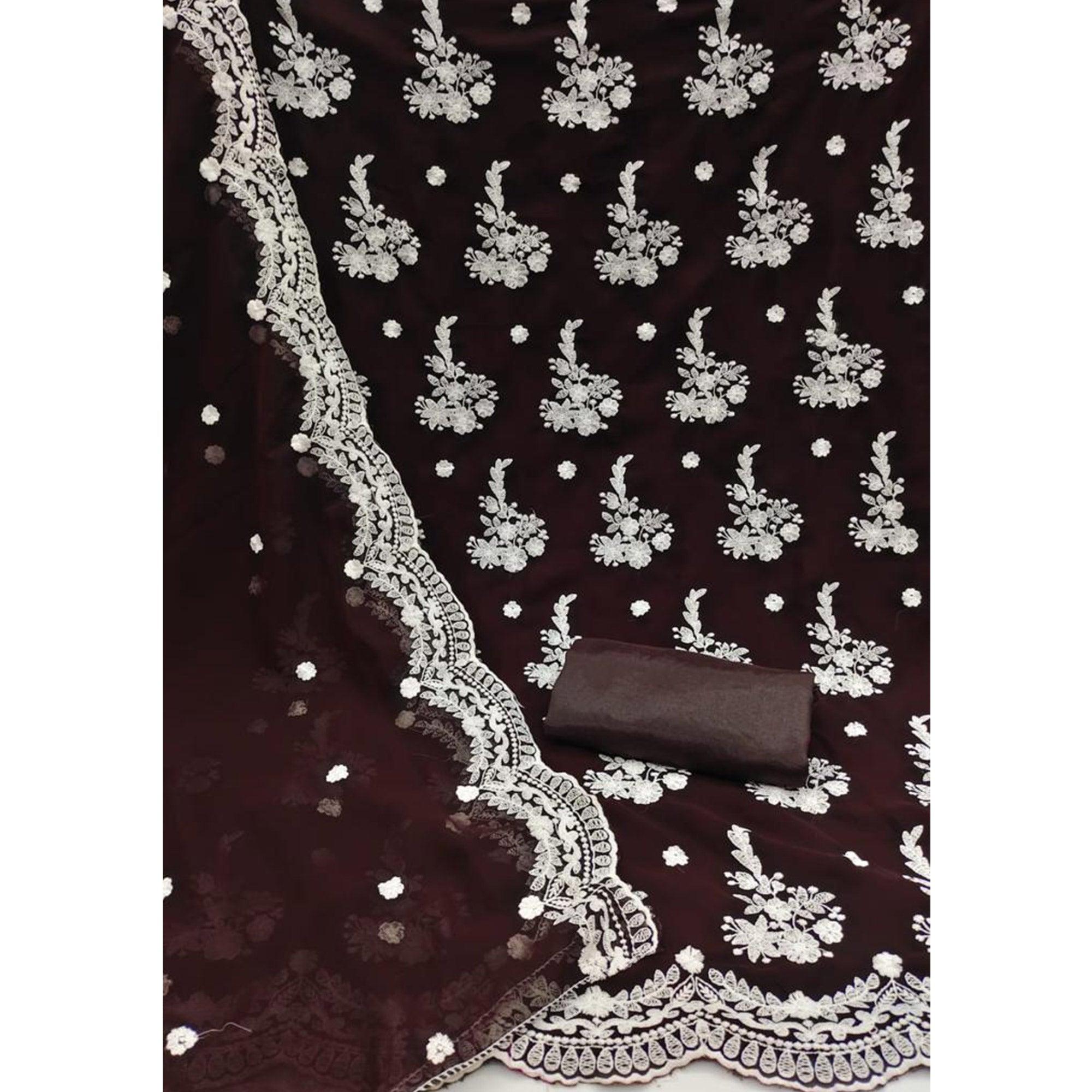 Coffee Brown Embroidered Georgette Dress Material