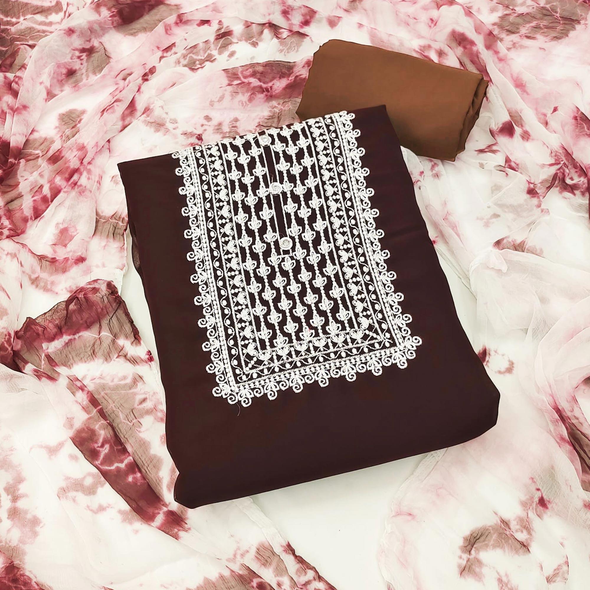 Coffee Floral Embroidered Georgette Dress Material