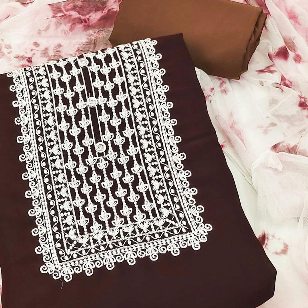 Coffee Floral Embroidered Georgette Dress Material