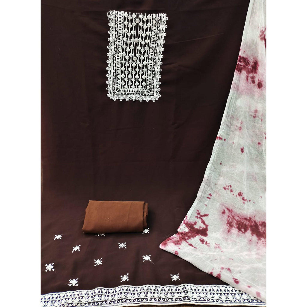 Coffee Floral Embroidered Georgette Dress Material