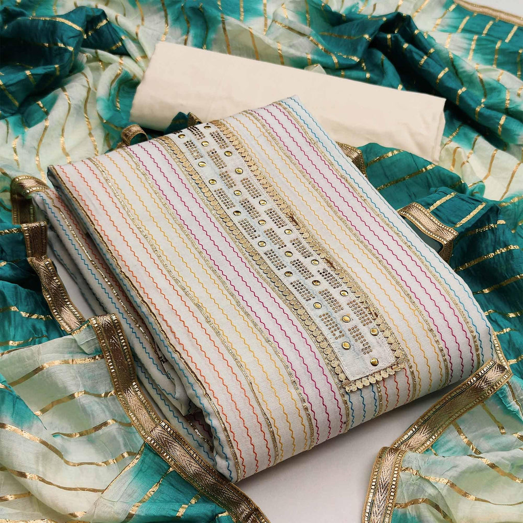 Cream Casual Wear Embroidery With Hand Work Premium Pure Cotton Dress Material