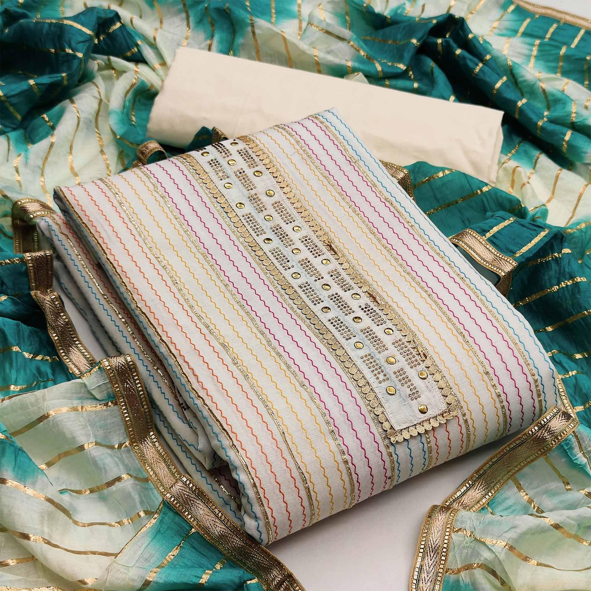 Cream Casual Wear Embroidery With Hand Work Premium Pure Cotton Dress Material