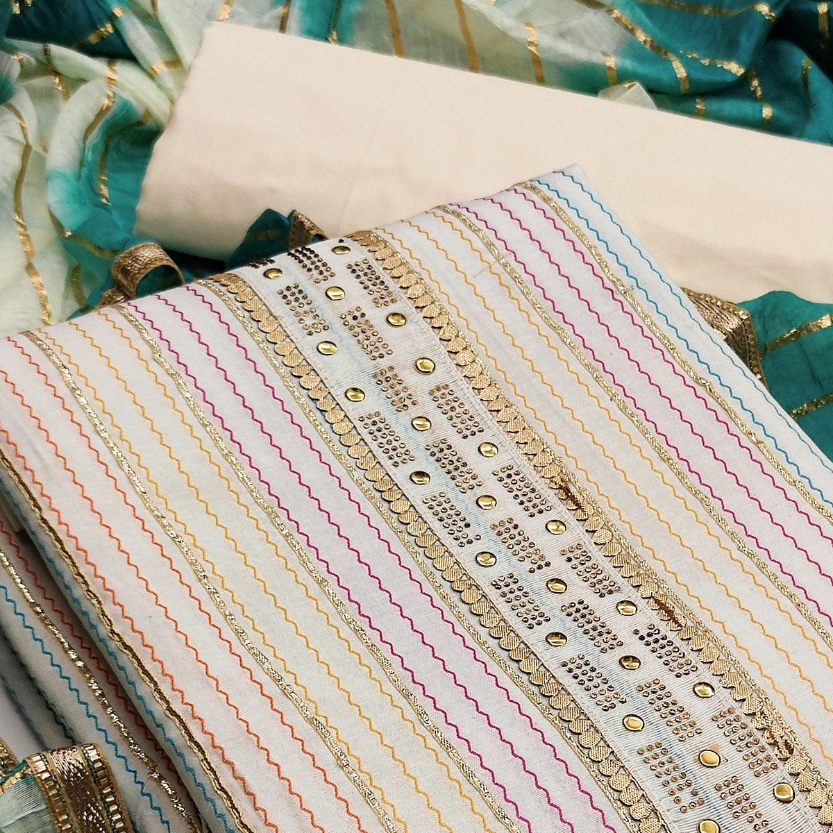 Cream Casual Wear Embroidery With Hand Work Premium Pure Cotton Dress Material