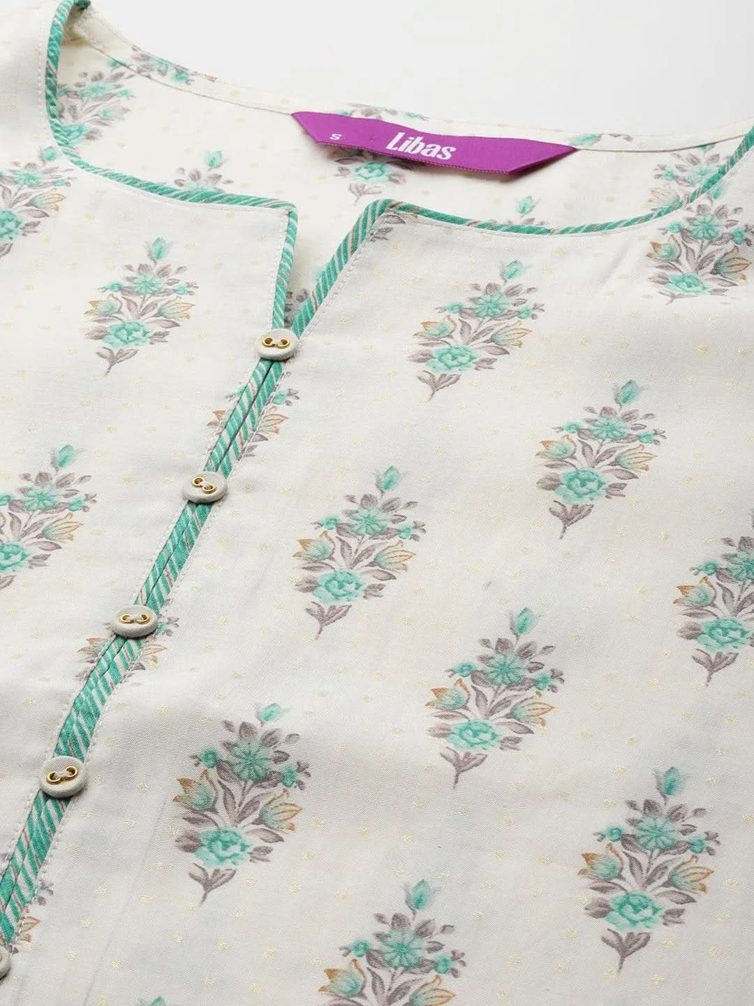 Cream Printed Silk Blend Straight Kurta With Palazzos & Dupatta