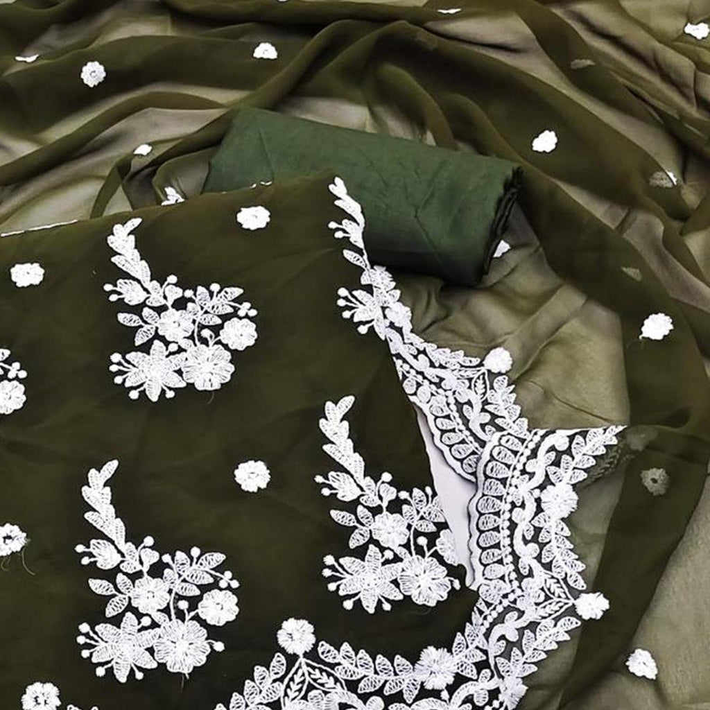 Dark Mehendi Embroidered Georgette Dress Material