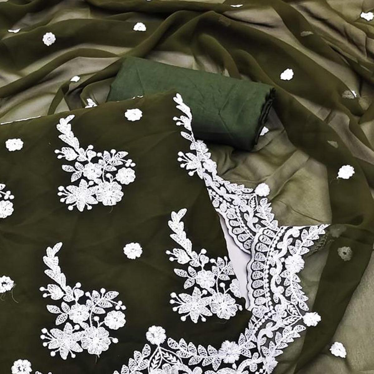 Dark Mehendi Embroidered Georgette Dress Material