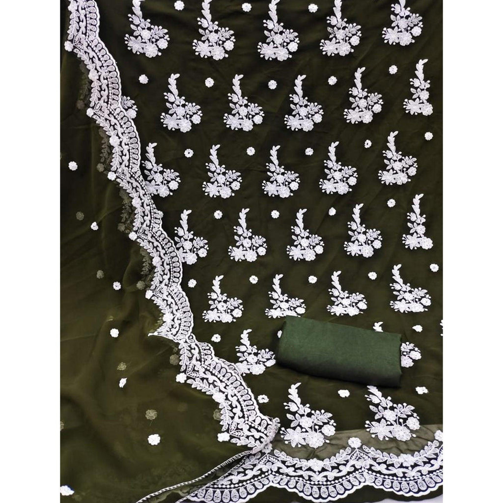 Dark Mehendi Embroidered Georgette Dress Material