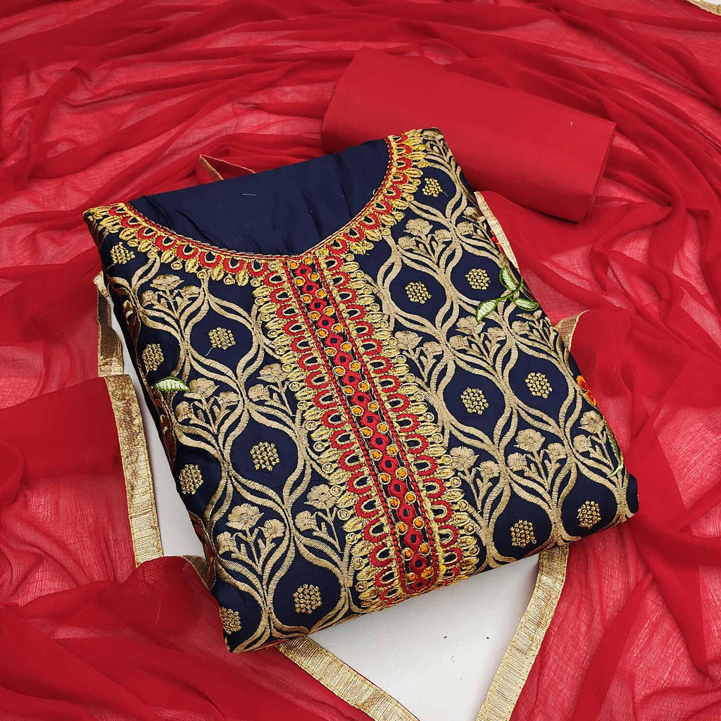 Dark Navy Blue Festive Wear Floral Embroidered Cotton Dress Material