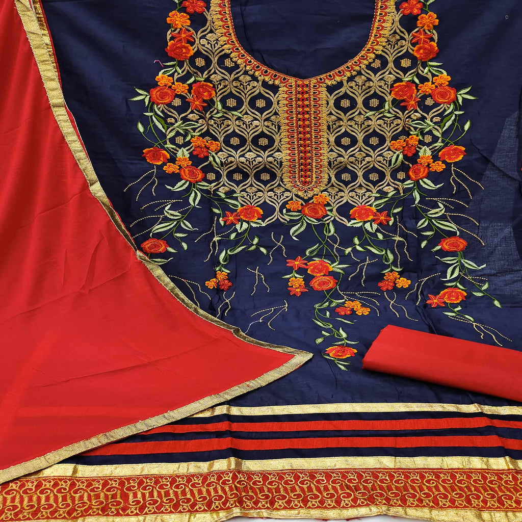 Dark Navy Blue Festive Wear Floral Embroidered Cotton Dress Material