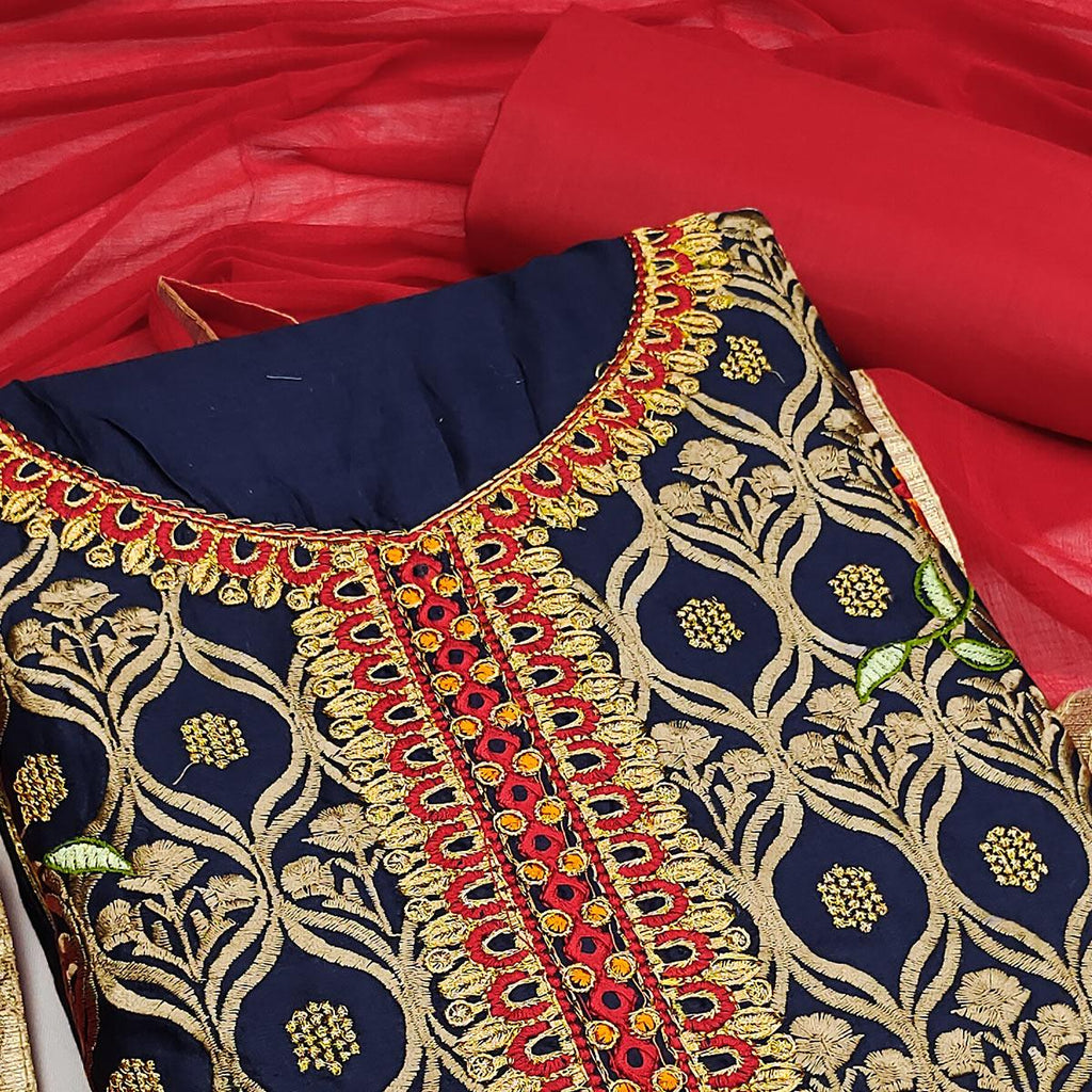 Dark Navy Blue Festive Wear Floral Embroidered Cotton Dress Material