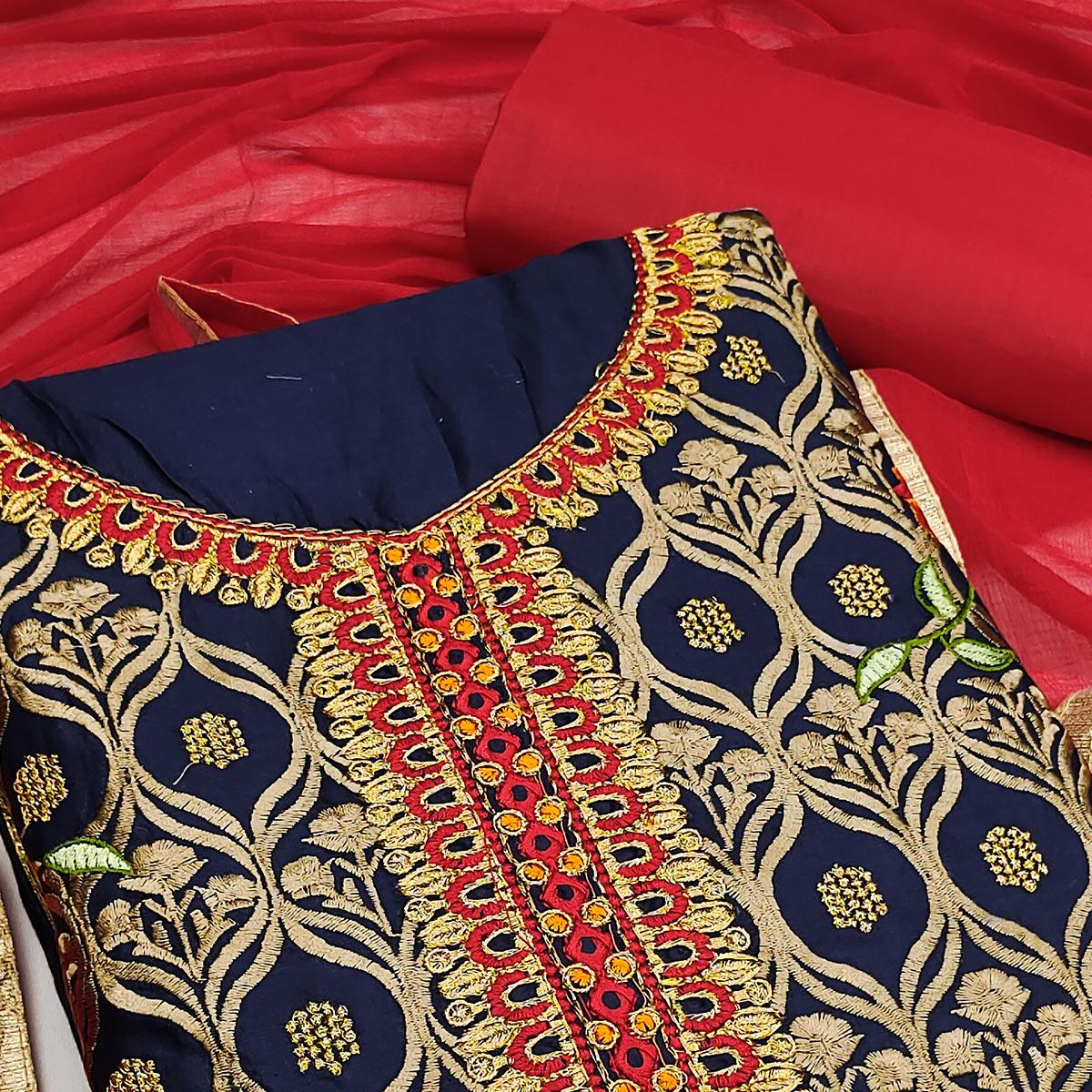 Dark Navy Blue Festive Wear Floral Embroidered Cotton Dress Material