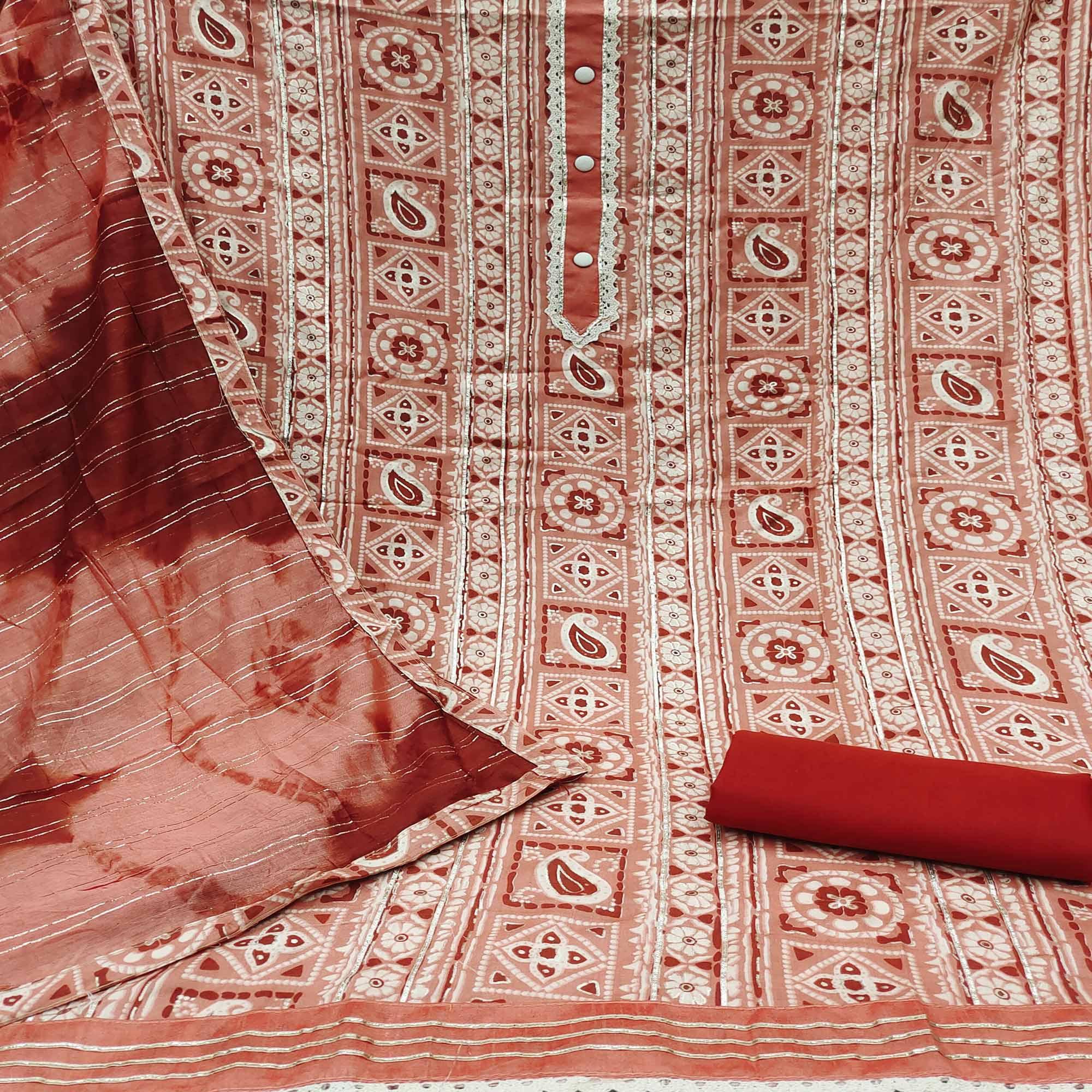 Dark Peach Floral Printed Pure Cotton Dress Material