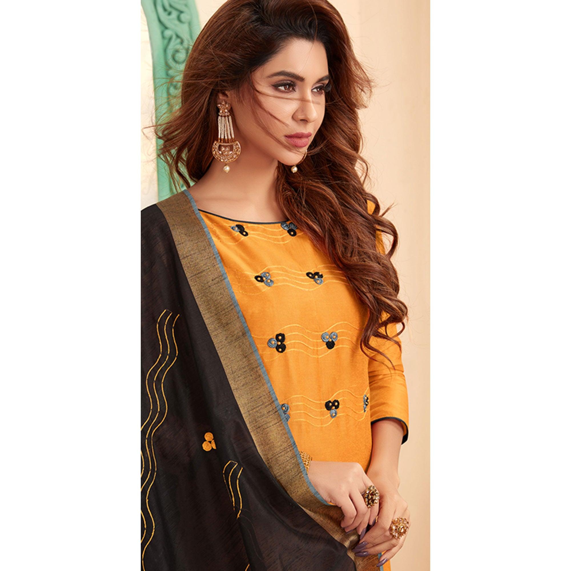 Dazzling Yellow Colored Casual Wear Embroidered Cotton Dress Material
