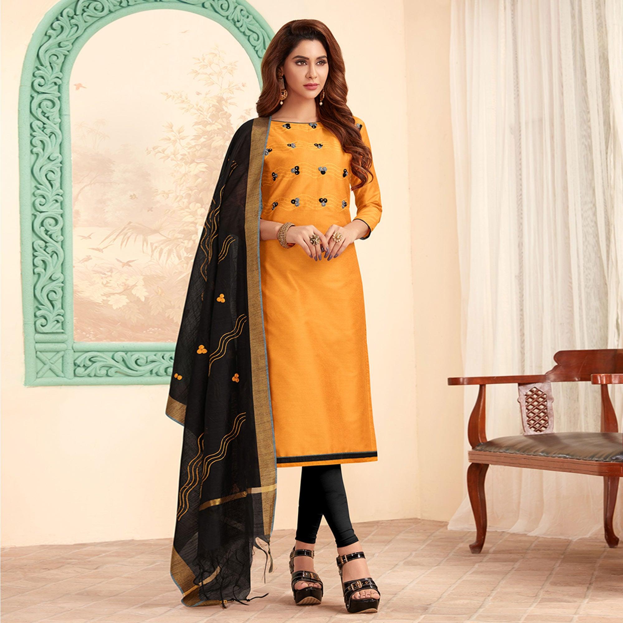 Dazzling Yellow Colored Casual Wear Embroidered Cotton Dress Material