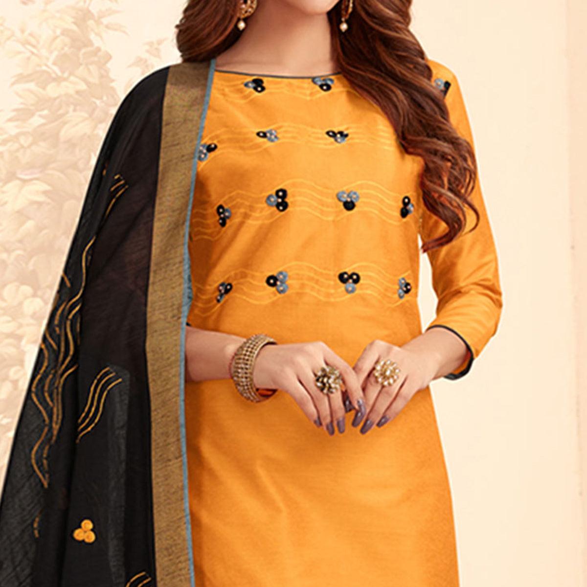 Dazzling Yellow Colored Casual Wear Embroidered Cotton Dress Material