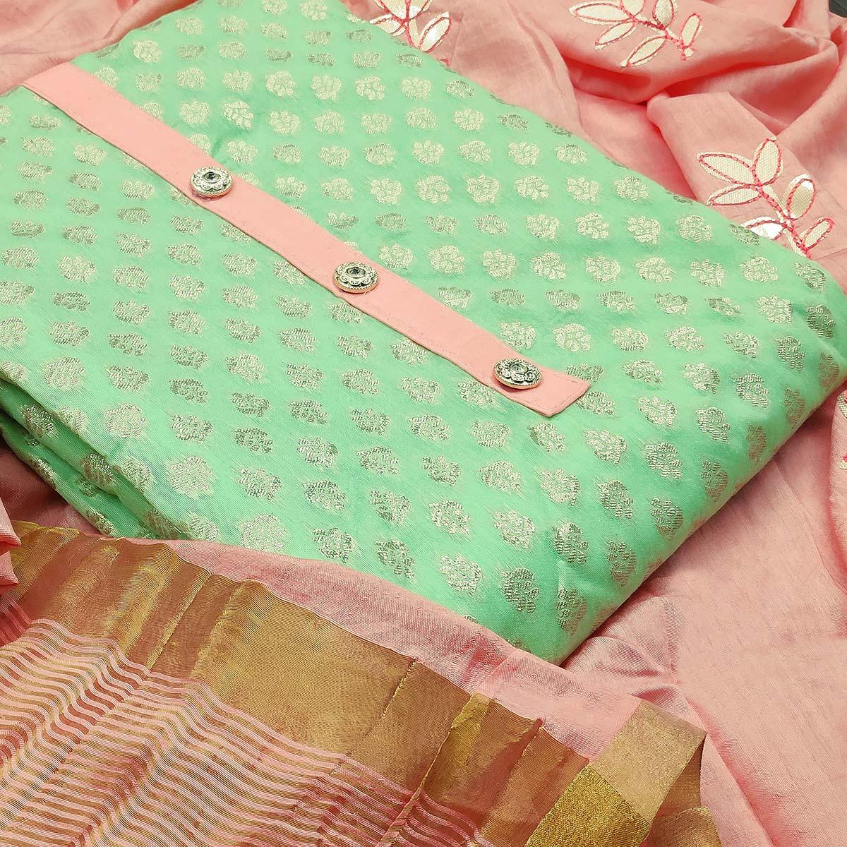Demanding Green Colored Festive Wear Woven Heavy Banarasi Silk Dress Material