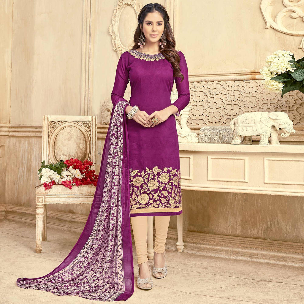 Deserving Purple Colored Partywear Embroidered Chanderi Suit