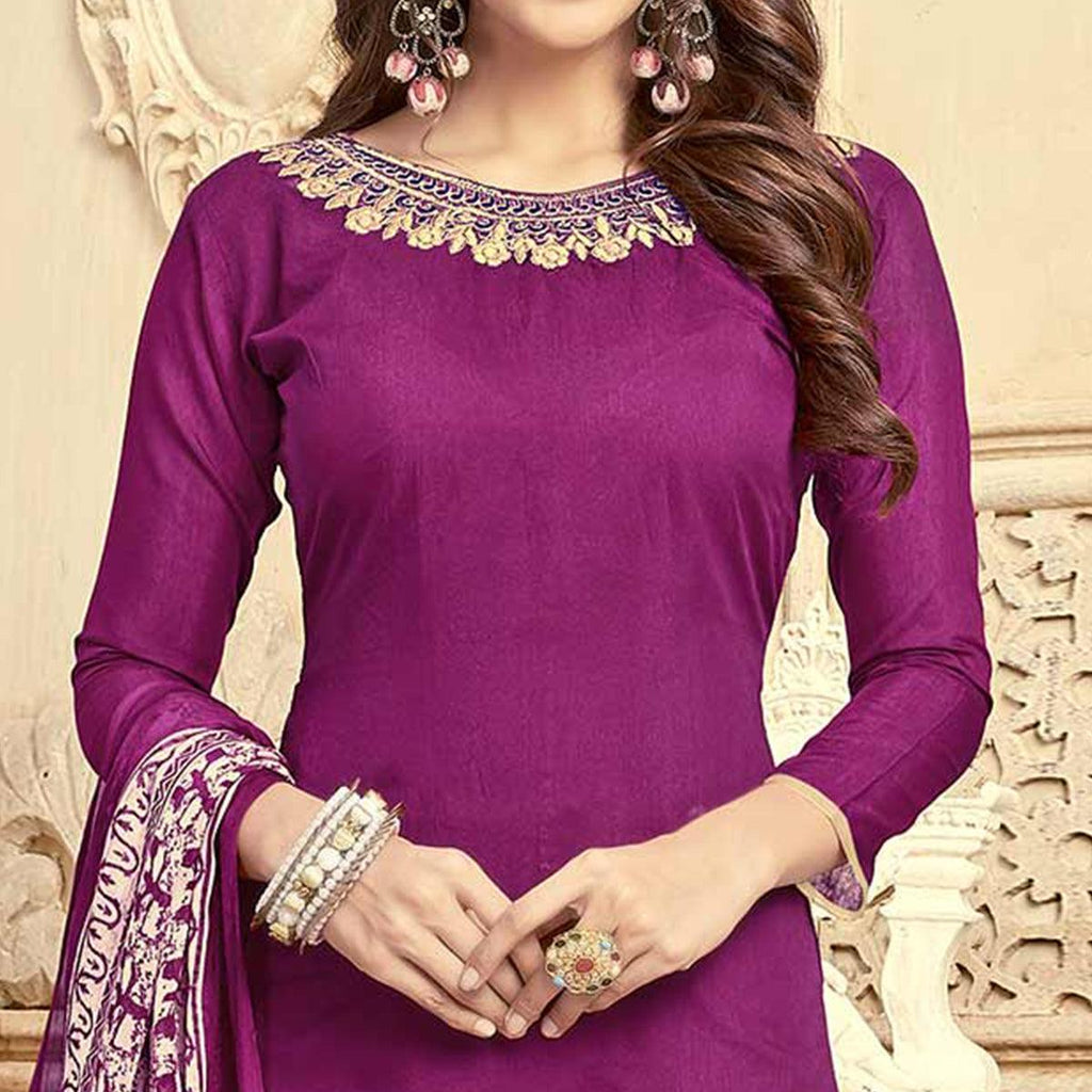 Deserving Purple Colored Partywear Embroidered Chanderi Suit