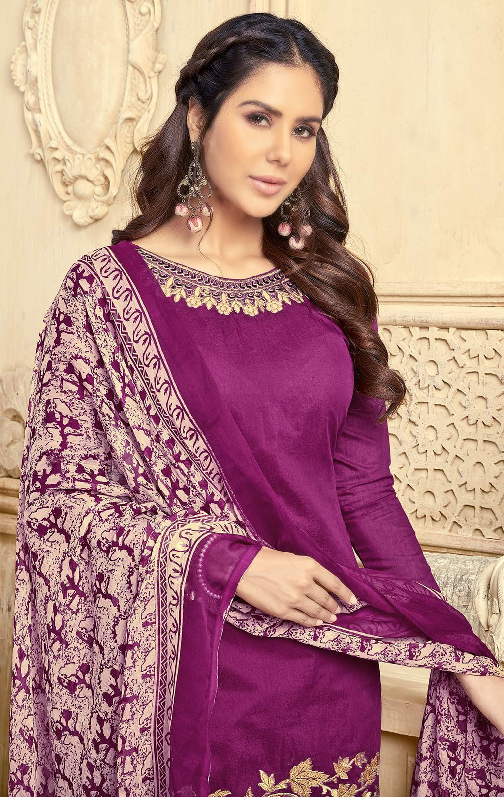 Deserving Purple Colored Partywear Embroidered Chanderi Suit