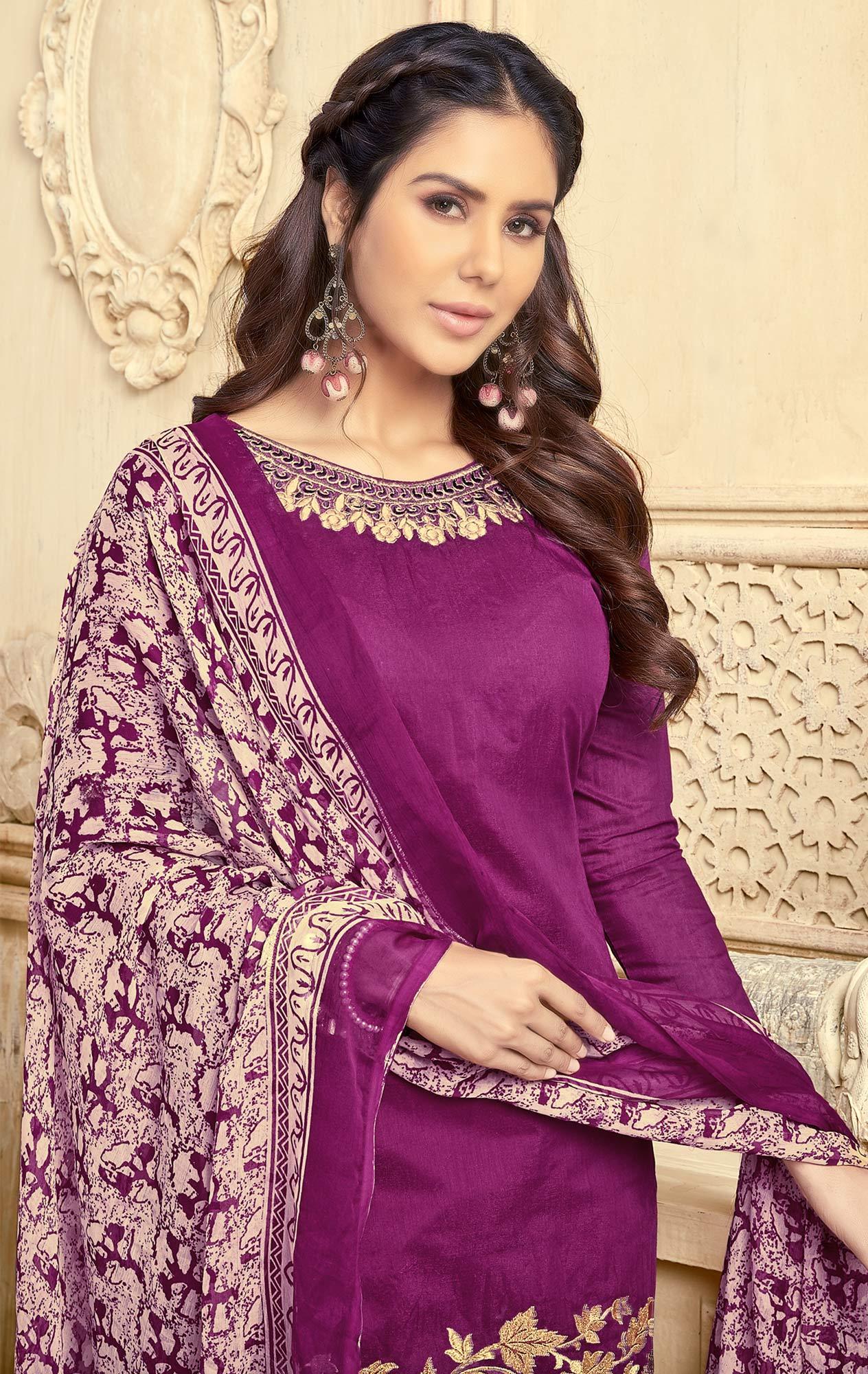 Deserving Purple Colored Partywear Embroidered Chanderi Suit
