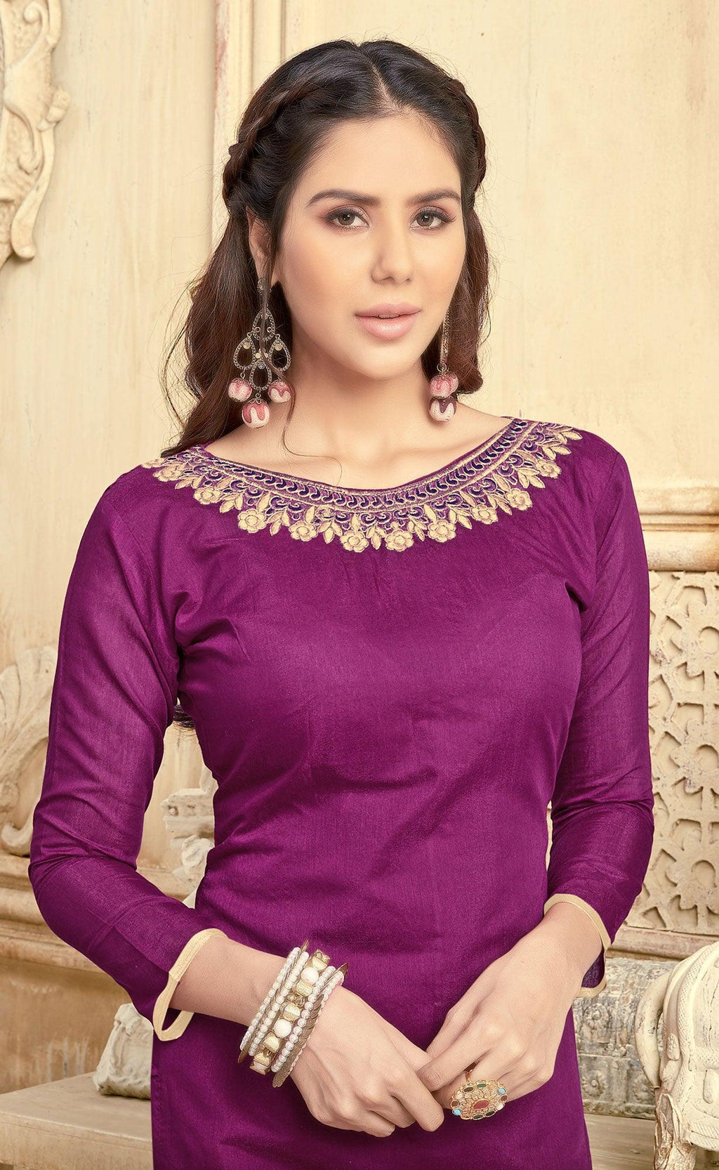 Deserving Purple Colored Partywear Embroidered Chanderi Suit