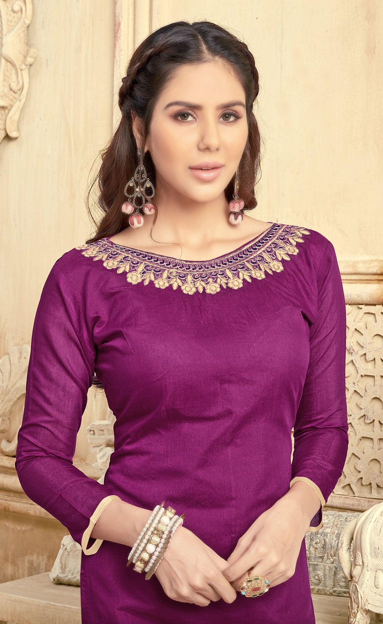 Deserving Purple Colored Partywear Embroidered Chanderi Suit