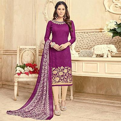 Deserving Purple Colored Partywear Embroidered Chanderi Suit