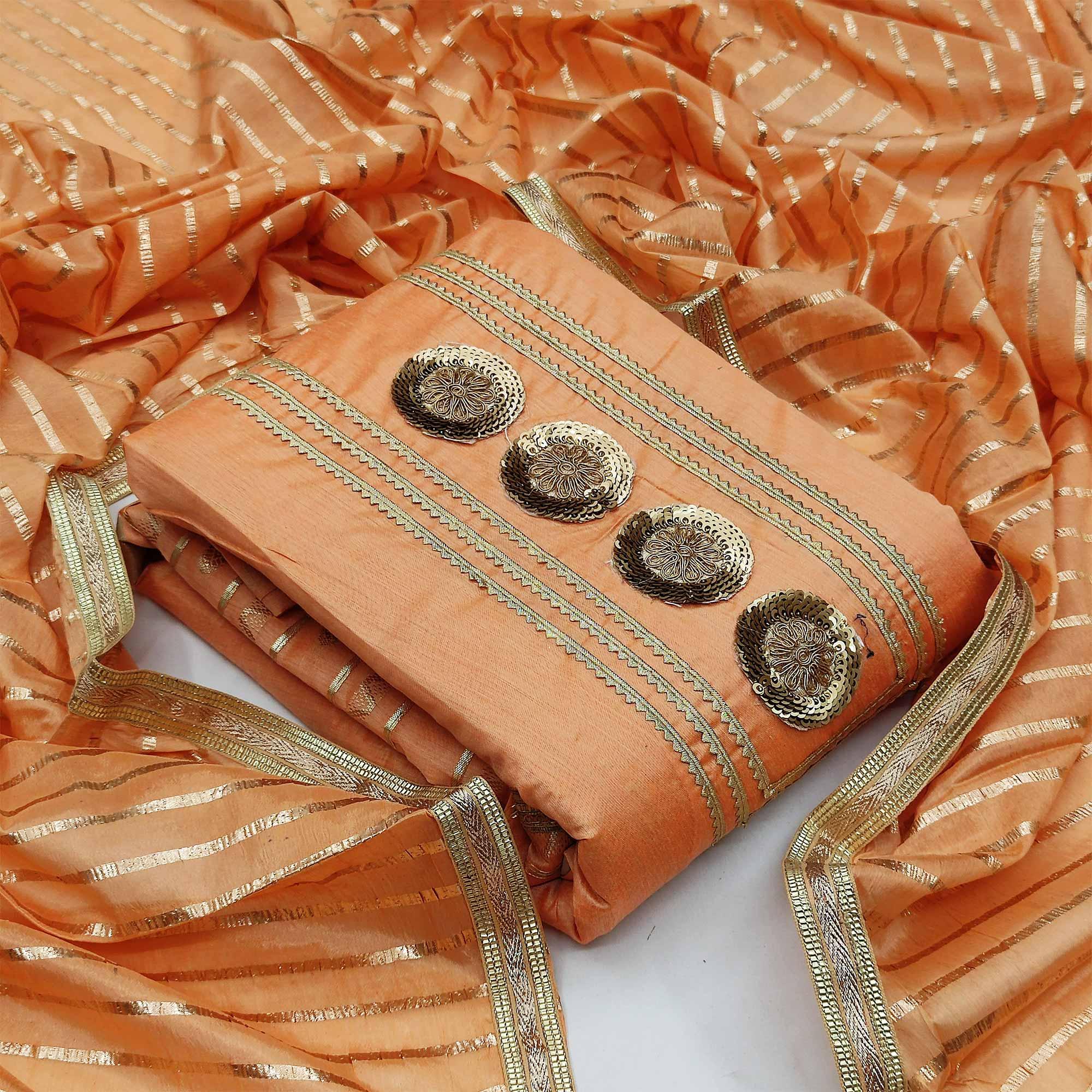 Desirable Orange Colored Casual Wear Embroidered Modal Chanderi Dress Material