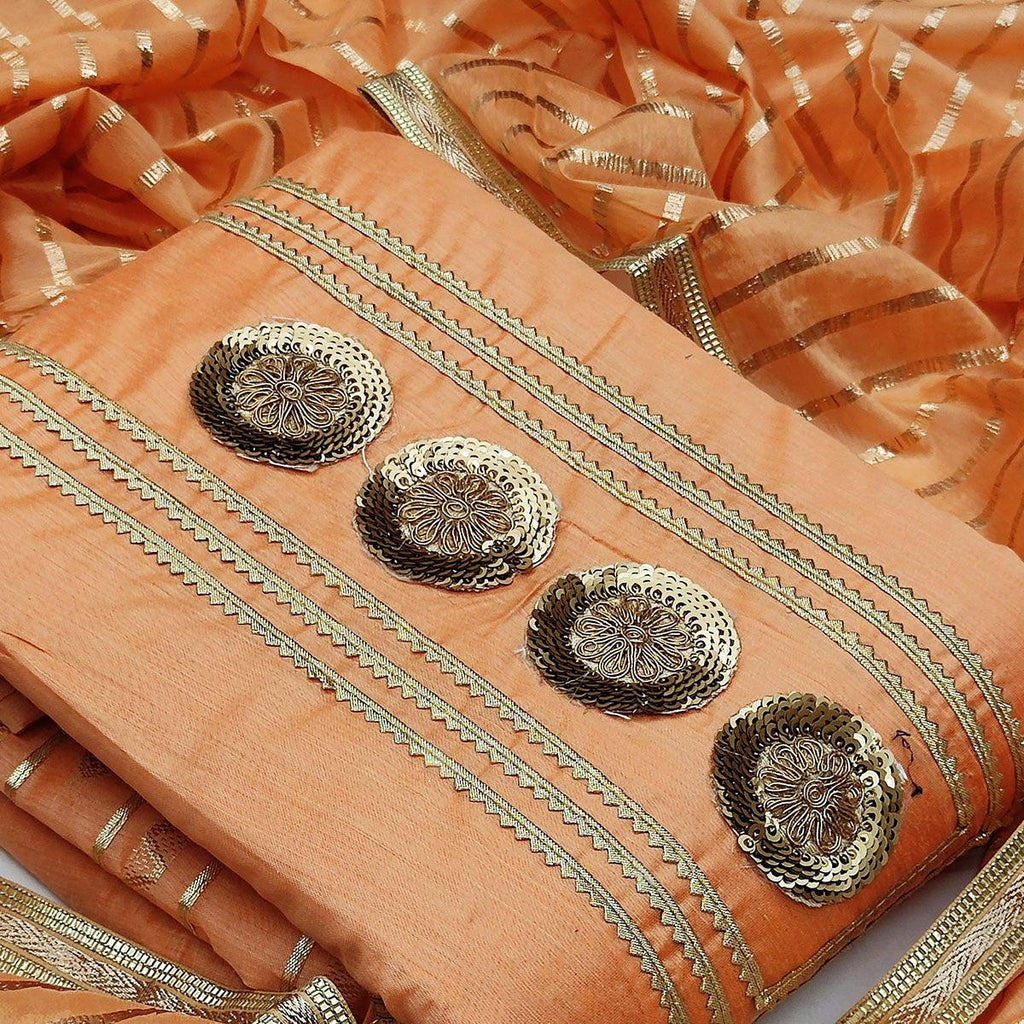 Desirable Orange Colored Casual Wear Embroidered Modal Chanderi Dress Material