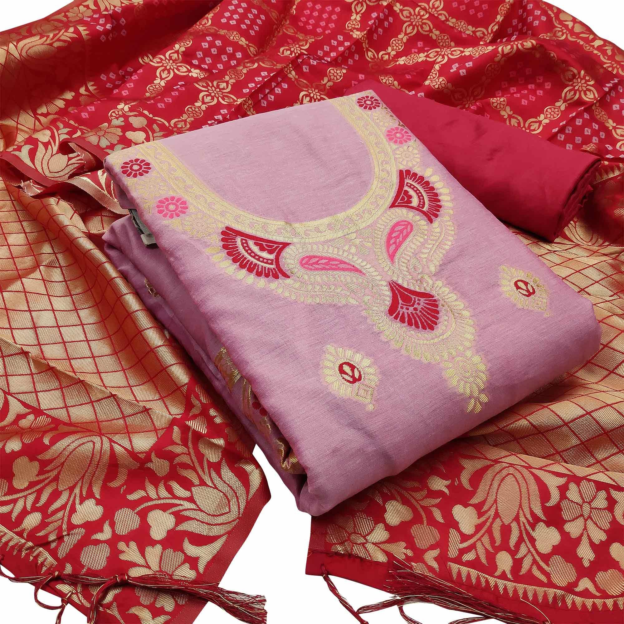 Desirable Pink Colored Festive Wear Woven Banarasi Silk Dress Material